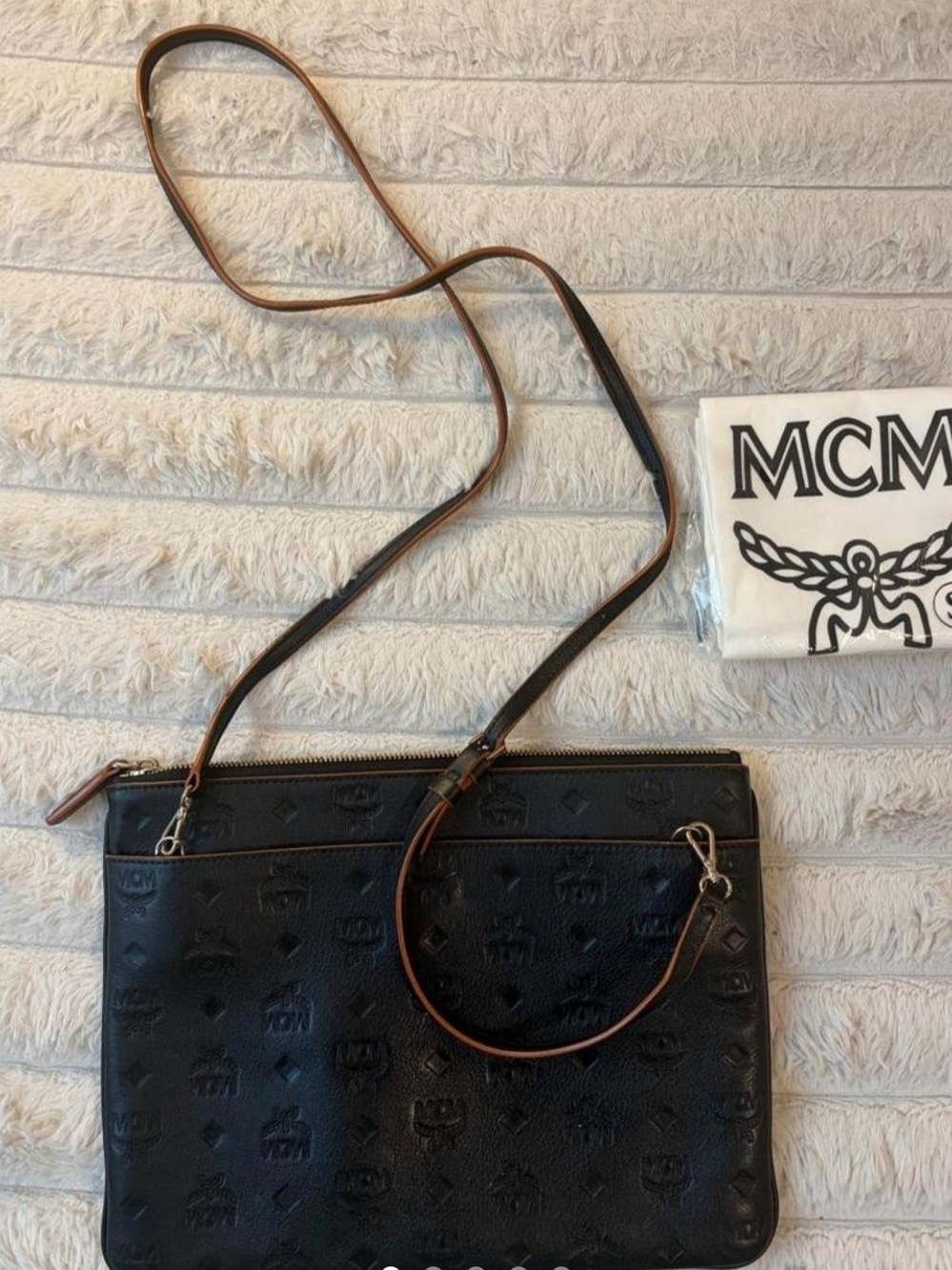 MCM Aren Black Embossed Leather Crossbody Bag with Brown Trim
